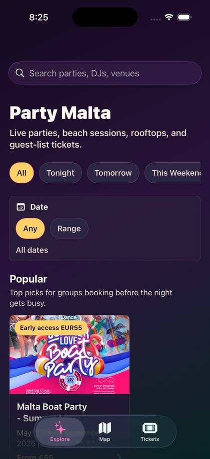 Party Malta home screen showing events