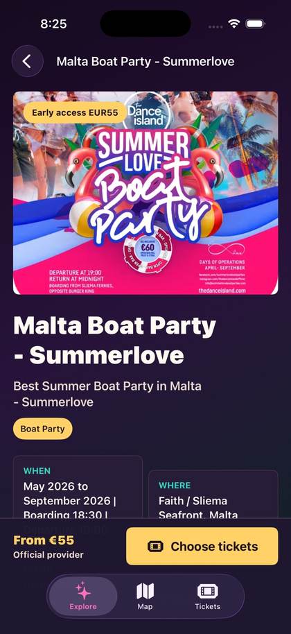 Party Malta event details and tickets screen