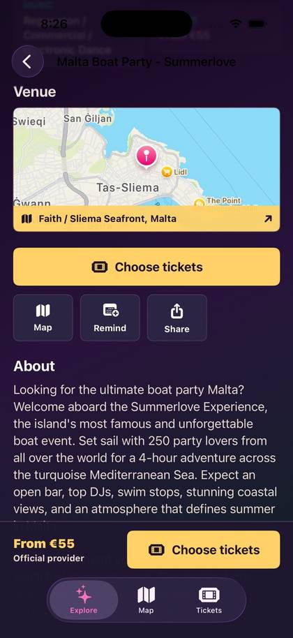 Party Malta venue and map screen